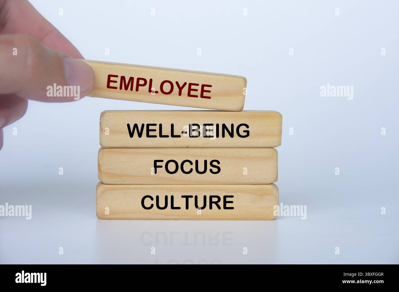 Main tenant un bloc de bois avec texte d'approche du bien-être des employés. Concept People First Banque D'Images