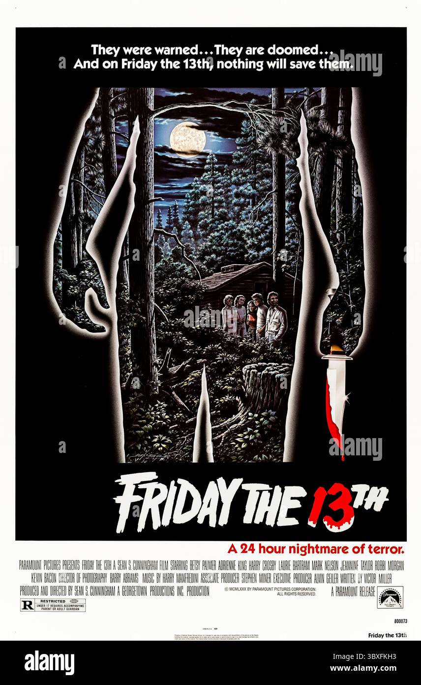 Friday the 13th (1980) réalisé par Sean S. Cunningham et mettant en vedette Betsy Palmer, Adrienne King et Jeannine Taylor. Les conseillers du camp sont traqués et assassinés par un tueur invisible alors qu'ils se préparent à rouvrir un camp d'été avec une histoire sombre. Photographie d'une affiche originale américaine d'une feuille de 1980 présentant une œuvre d'Alex Ebel À USAGE ÉDITORIAL EXCLUSIF. Crédit : BFA / Paramount Pictures Banque D'Images