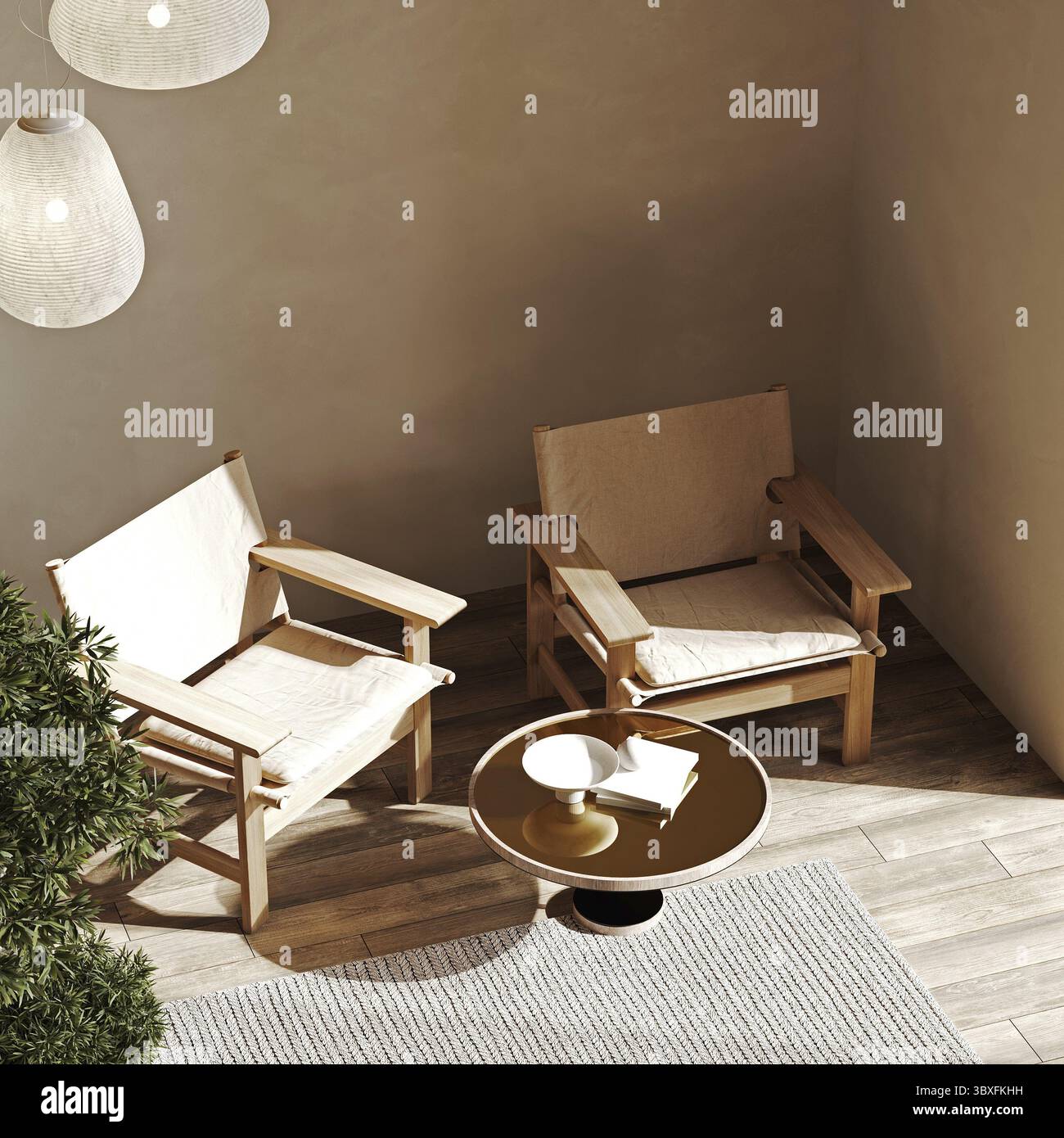 Maquette de maison, pièce blanche avec mobilier en bois naturel, style scandinave, rendu 3D. Banque D'Images