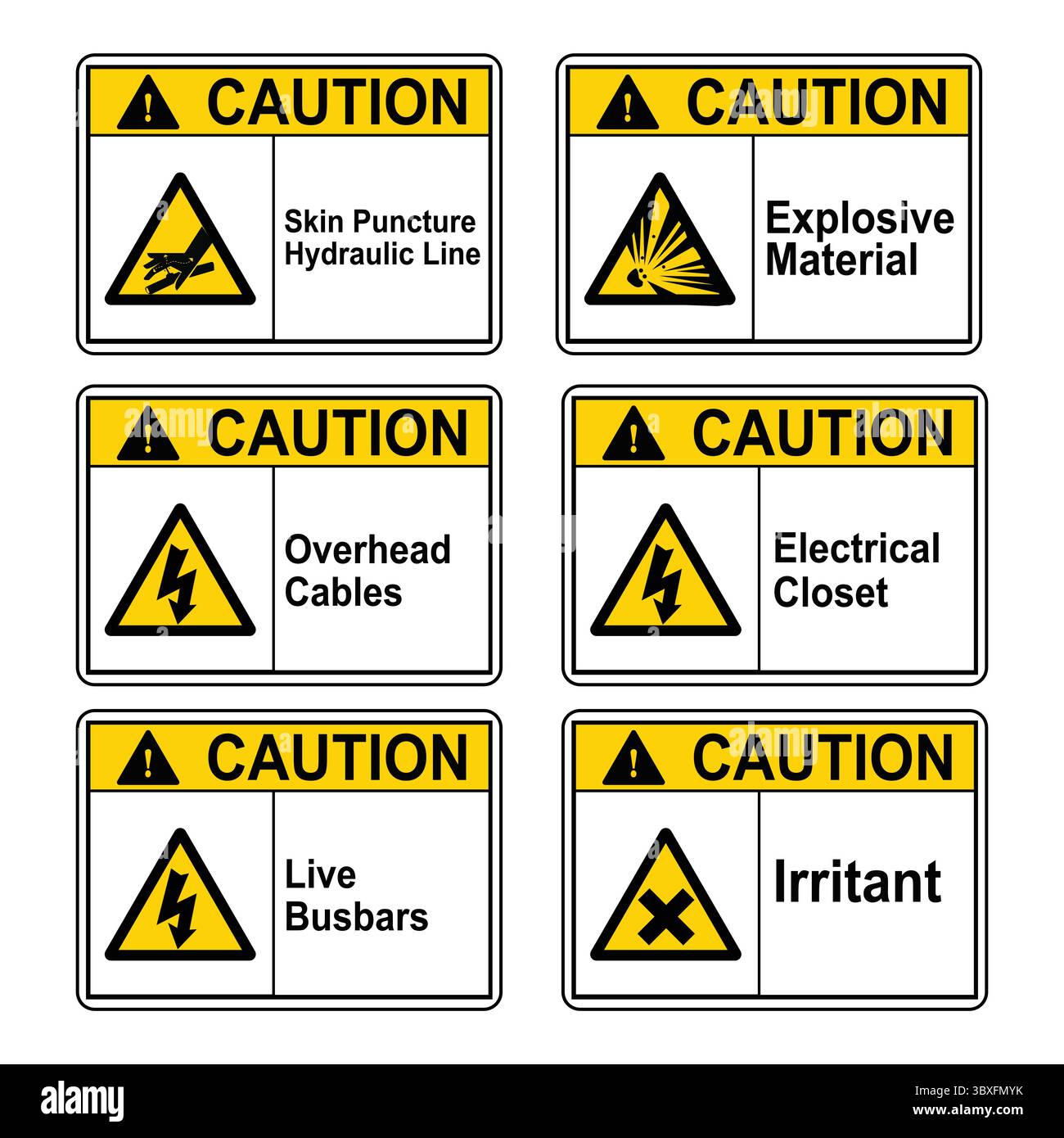 Attention, piqûre cutanée conduite hydraulique, câbles suspendus, barres omnibus sous tension, matériaux explosifs, placard électrique, illustration du signe irritant vol 02 Illustration de Vecteur