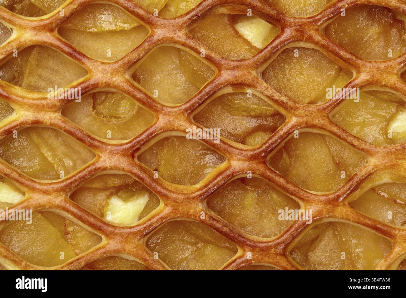 Plan macro de tarte aux pommes avec une couche de crème anglaise tendre et une croûte en treillis doré, mettant en valeur les textures et les tons chauds du dessert populaire aux fruits cuits au four Banque D'Images