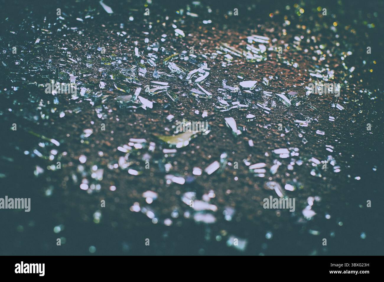 Des éclats de verre de voiture sur l'asphalte Banque D'Images