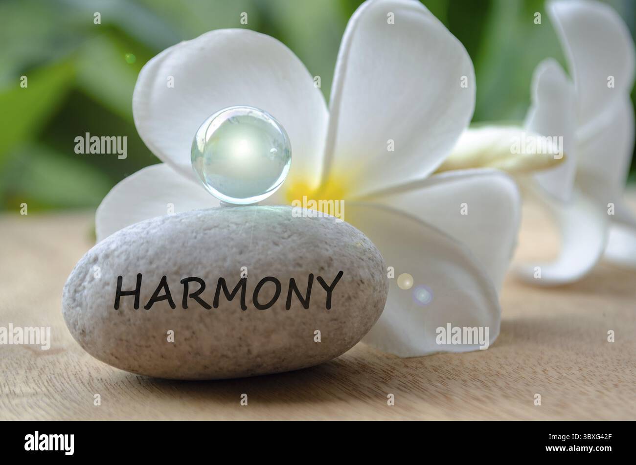 Texte d'harmonie sur pierre avec des marbres brillants. Concept de paix et d'harmonie Banque D'Images