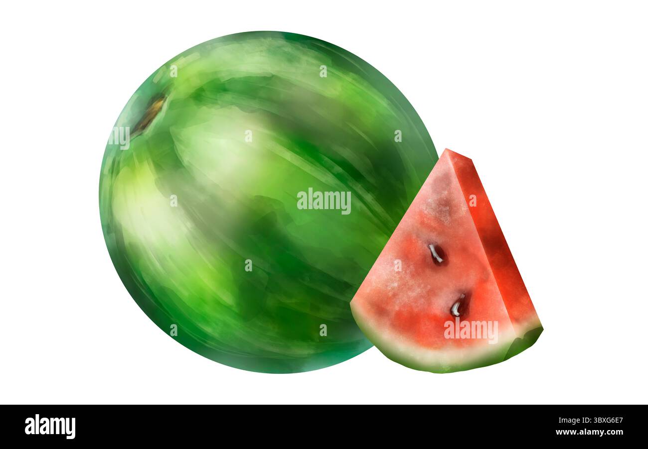 Pastèque. Pastèque rouge fraîche croquante douce et saine. illustration entière et tranchée de pastèque mûre. Illustration de fruits d'été isolé sur blanc Banque D'Images