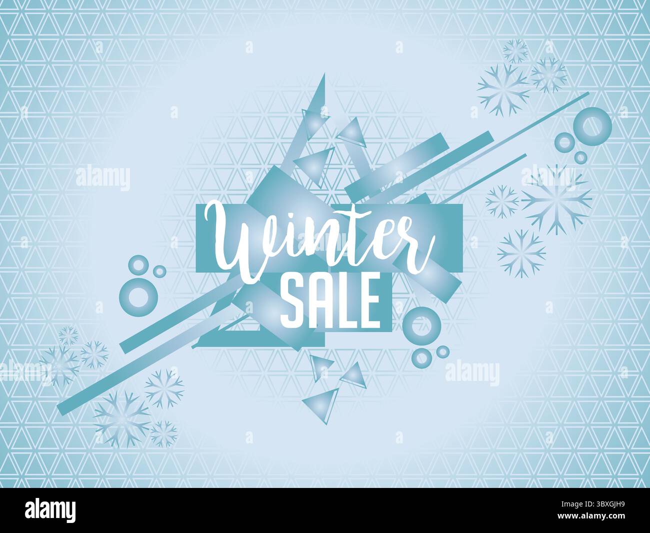 Illustration vectorielle d'une bannière de vente d'hiver avec des flocons de neige, des étiquettes de réduction, du texte en gras et des icônes de shopping. Parfait pour les promotions saisonnières, le commerce électronique Illustration de Vecteur