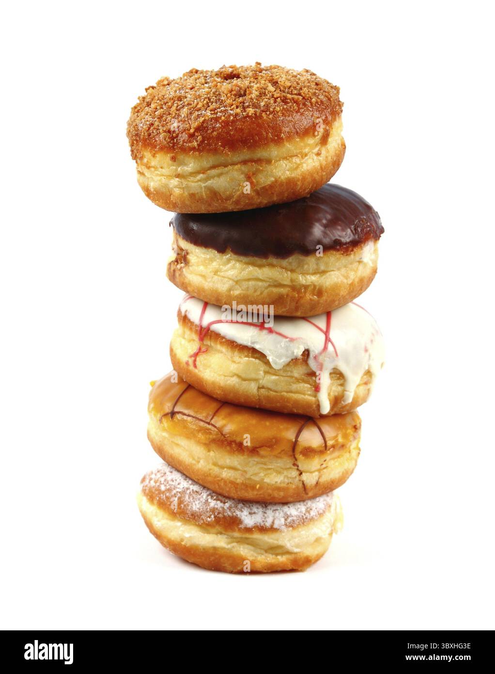 Cinq délicieux, assortiment de beignets allemand comme tower, isolé Banque D'Images