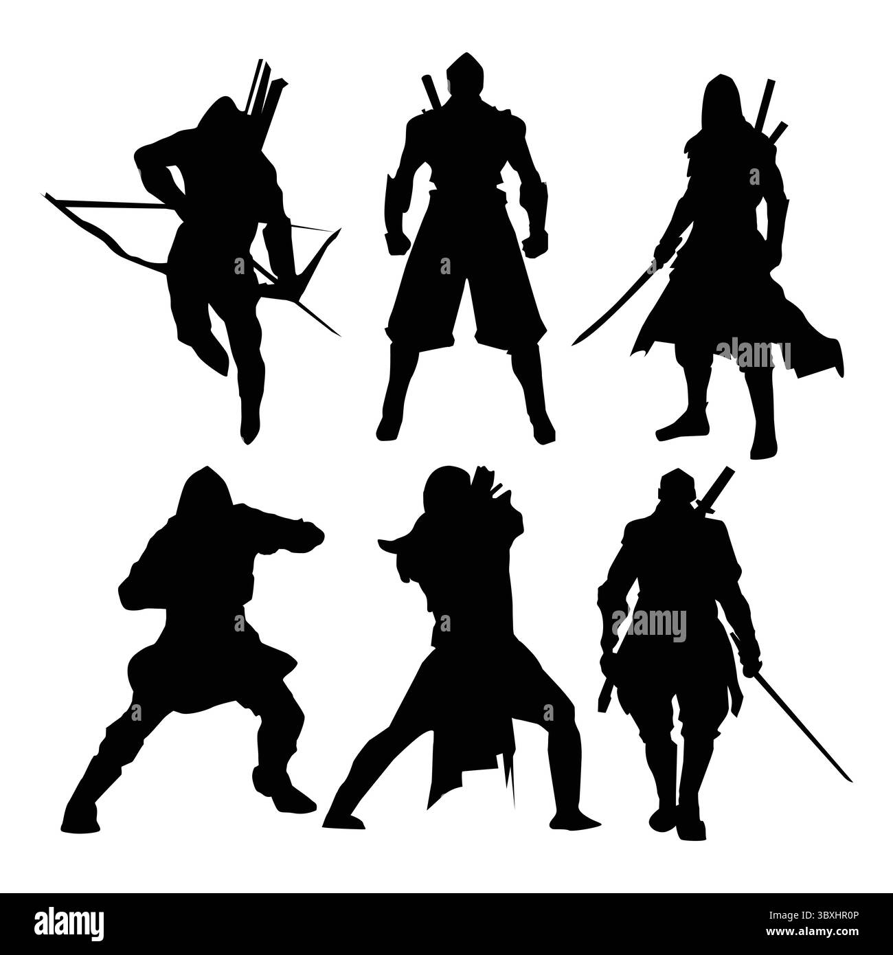 Ninja japonais tenant Katana Silhouette action pose vecteur fond blanc vol 03 Illustration de Vecteur