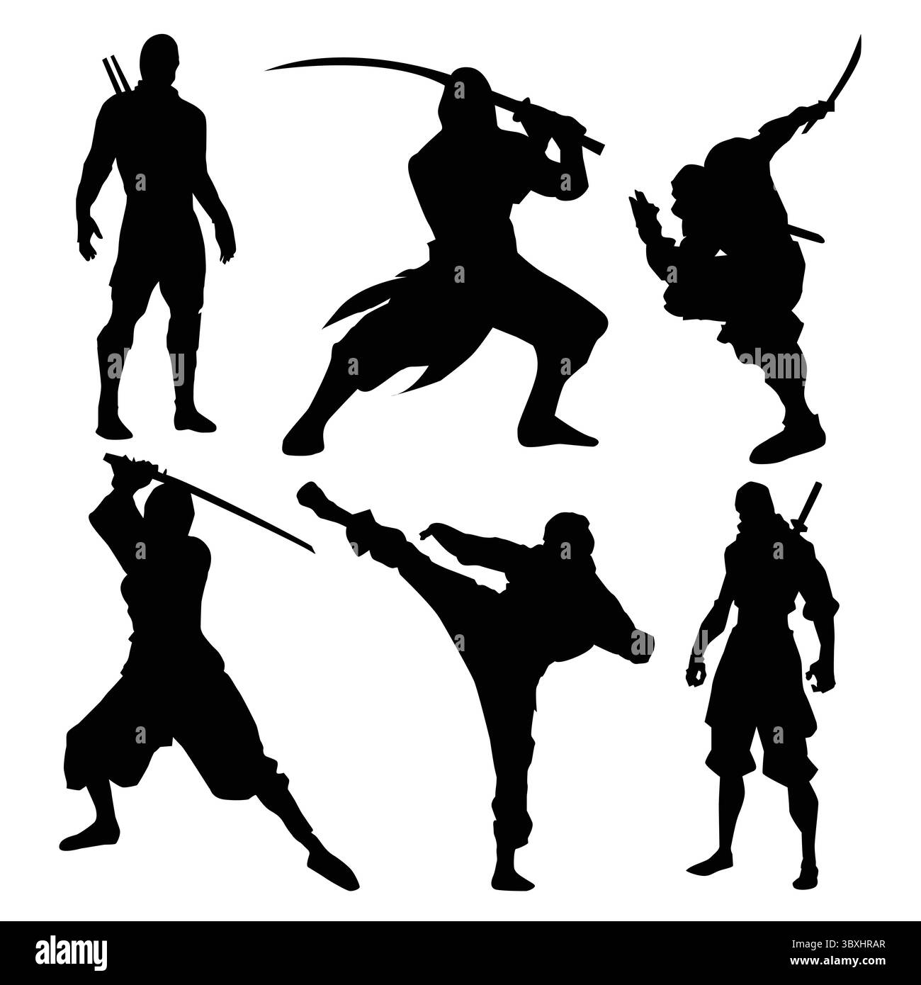 Ninja japonais tenant Katana Silhouette action pose vecteur fond blanc vol 02 Illustration de Vecteur