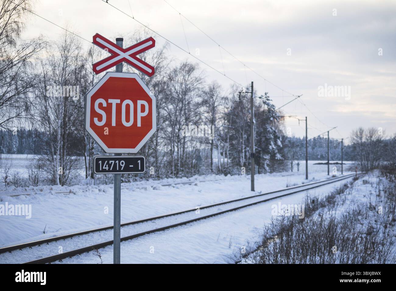 PANNEAU STOP, à un passage à niveau, dans un paysage enneigé d'hiver Banque D'Images