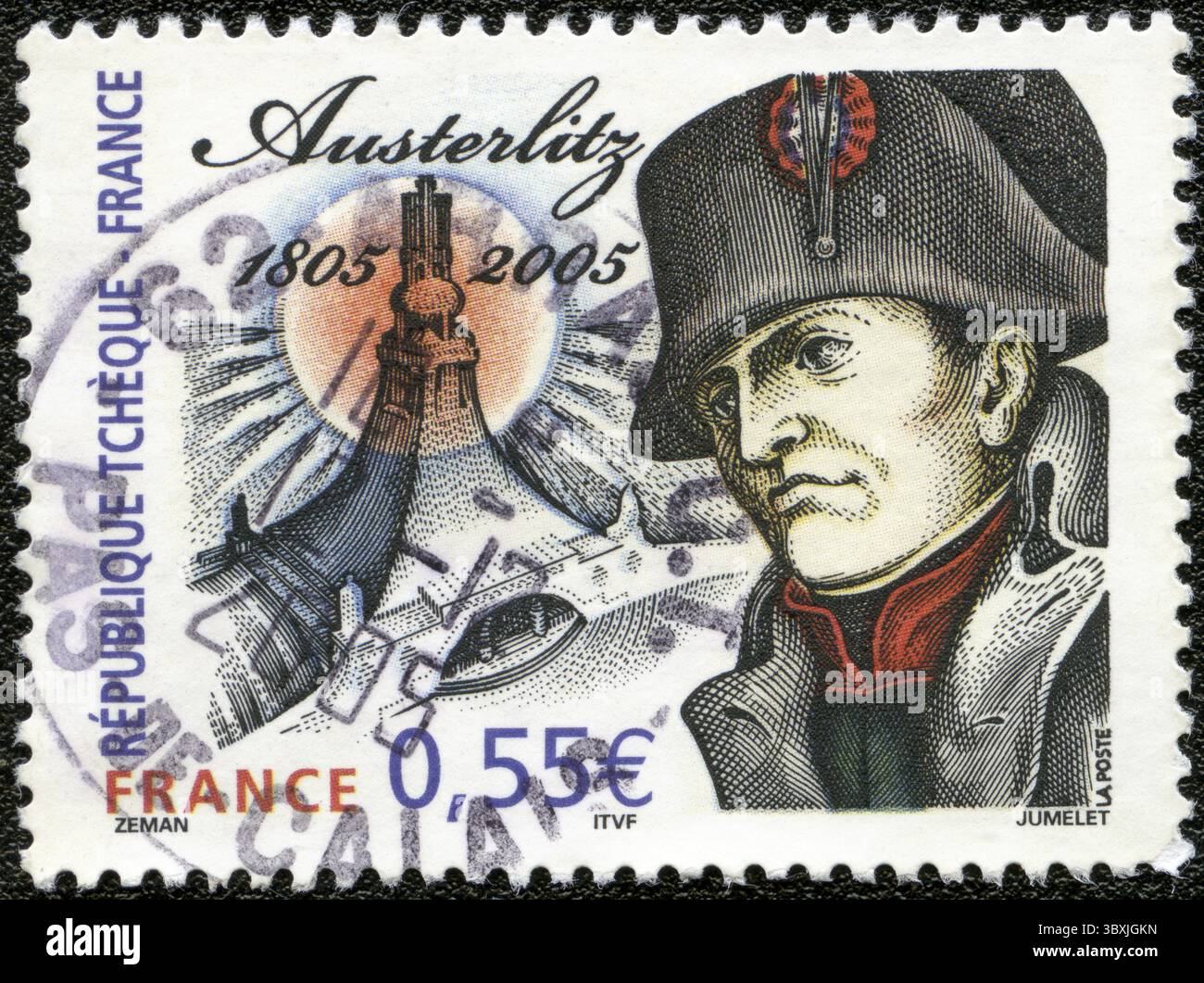 FRANCE - VERS 2005 : un timbre imprimé en France montre Napoléon Bonaparte, consacré à la bataille d'Austerlitz, bicentenaire (1805-2005), vers 2005 Banque D'Images