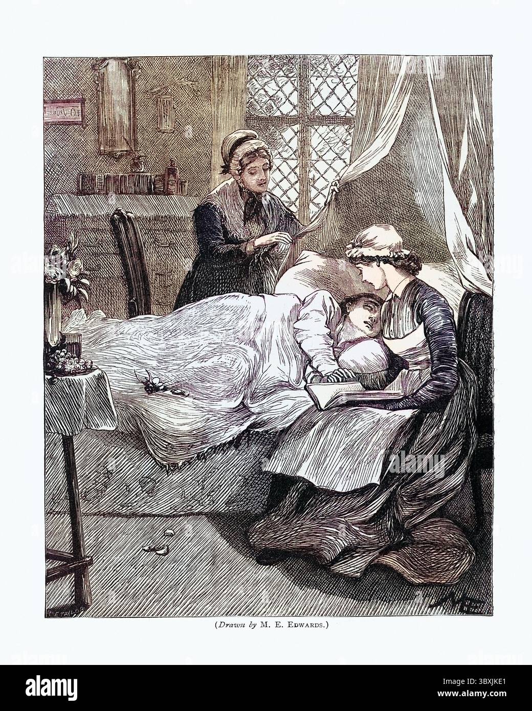 Vintage illustration infirmières victoriennes soignant un patient malade, années 1870, 19ème siècle Banque D'Images