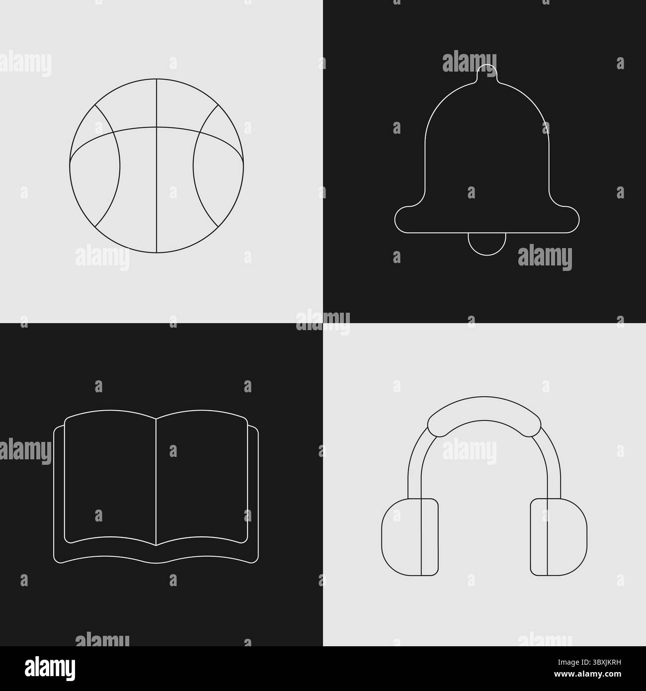 Retour à l'école et vie étudiante ensemble d'icônes avec basket-ball, cloche, livre et écouteurs pour l'éducation Illustration de Vecteur