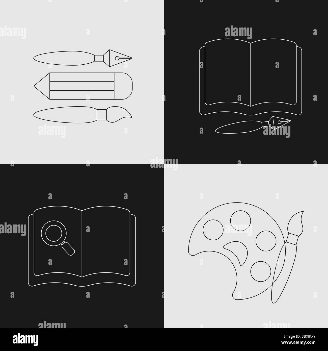 Jeu d'icônes Art, écriture et fournitures scolaires avec pinceau, stylo, crayon et livre pour l'éducation créative Illustration de Vecteur