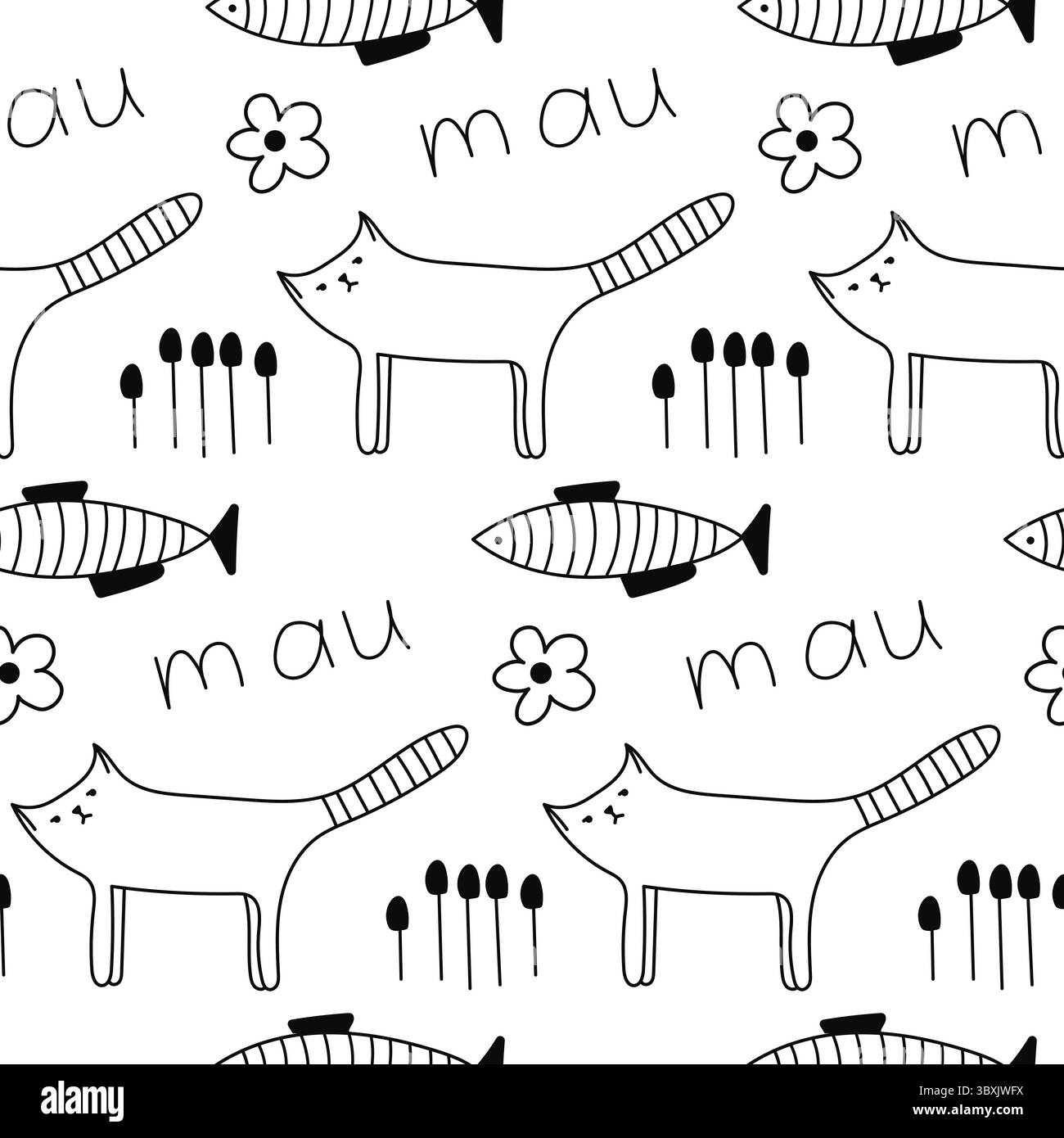 Motif sans couture pour chat et poisson. Joli motif sans couture avec chat, fleur et poisson. Illustration dessinée à la main. Illustration de Vecteur