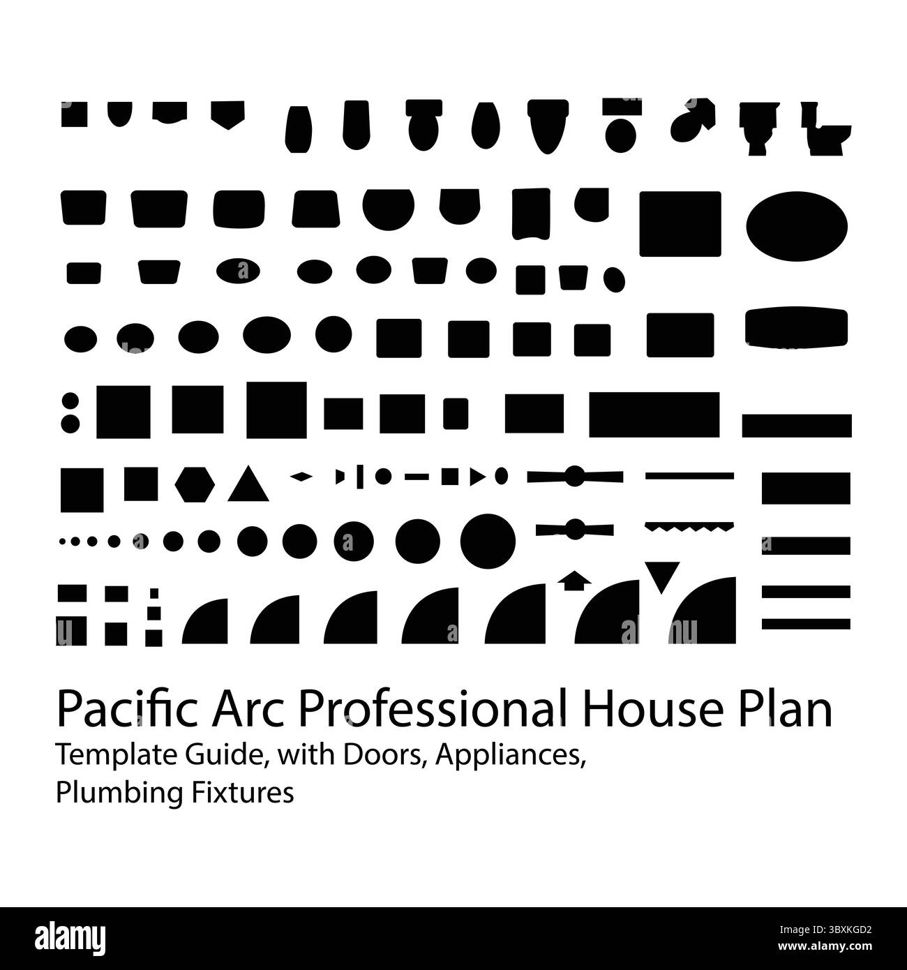 Pacific Arc Professional House Plan Template Guide, avec portes, appareils électroménagers, luminaires de plomberie Black Silhouette illustration Illustration de Vecteur