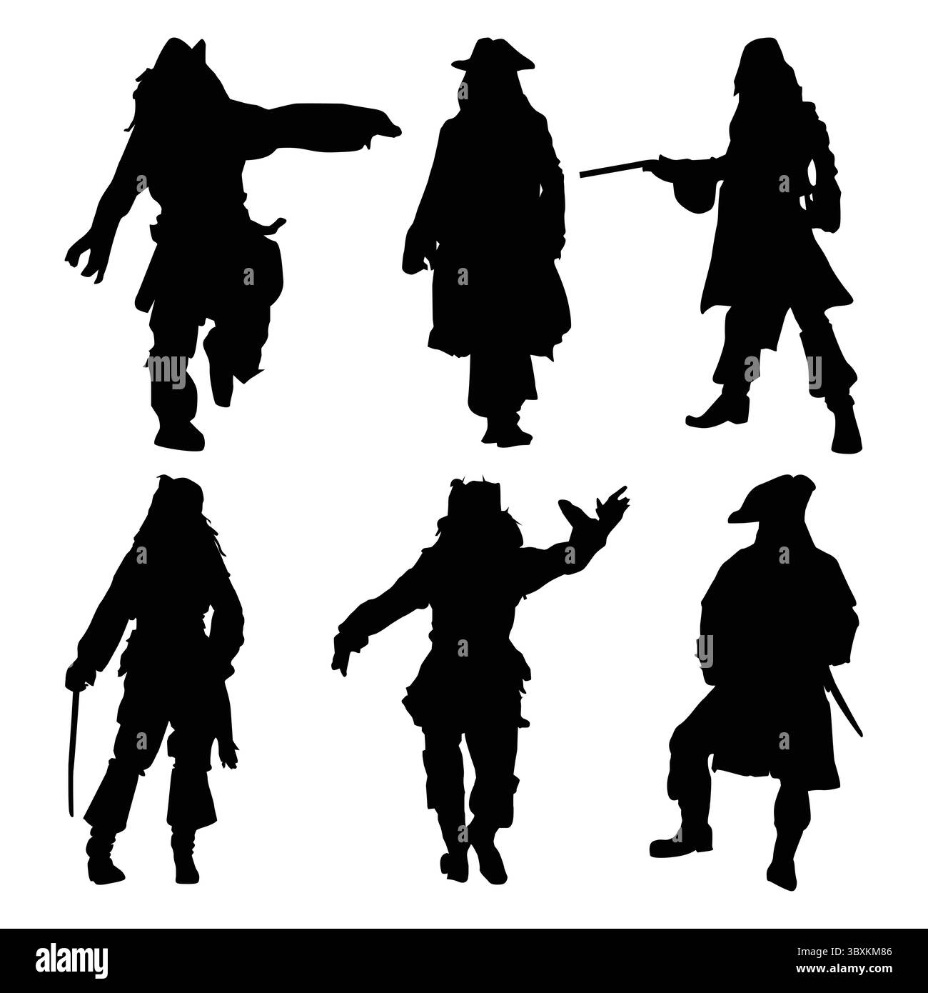 Pirates Silhouette : Swashbuckling Buccaneers, concept d'aventure, chasse au trésor, illustration vectorielle plate Illustration de Vecteur