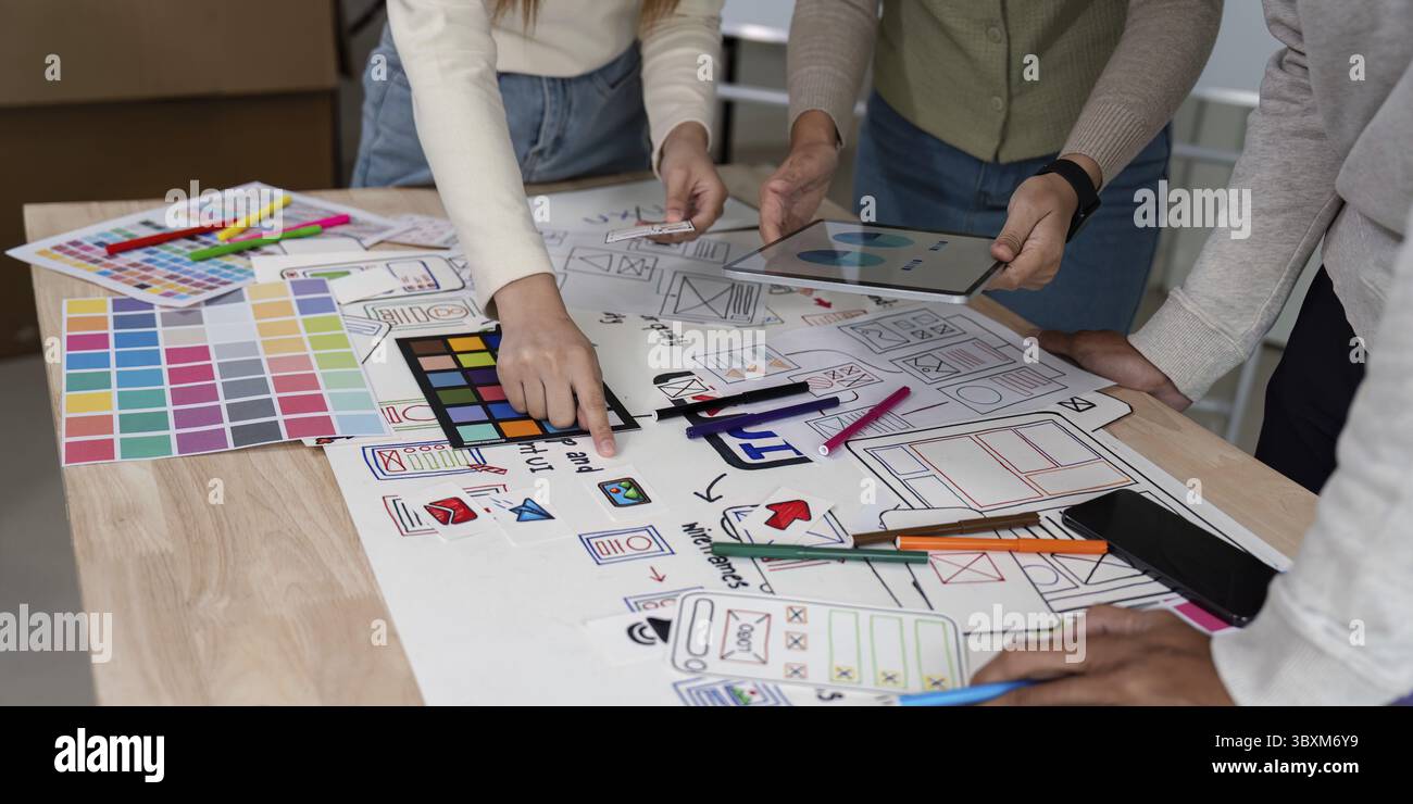 Brainstorming équipe de concepteur graphique web créatif planification. Les concepteurs créatifs présentent ux ui à l'équipe. Réunion de travail de l'équipe de designers dans le bureau Banque D'Images