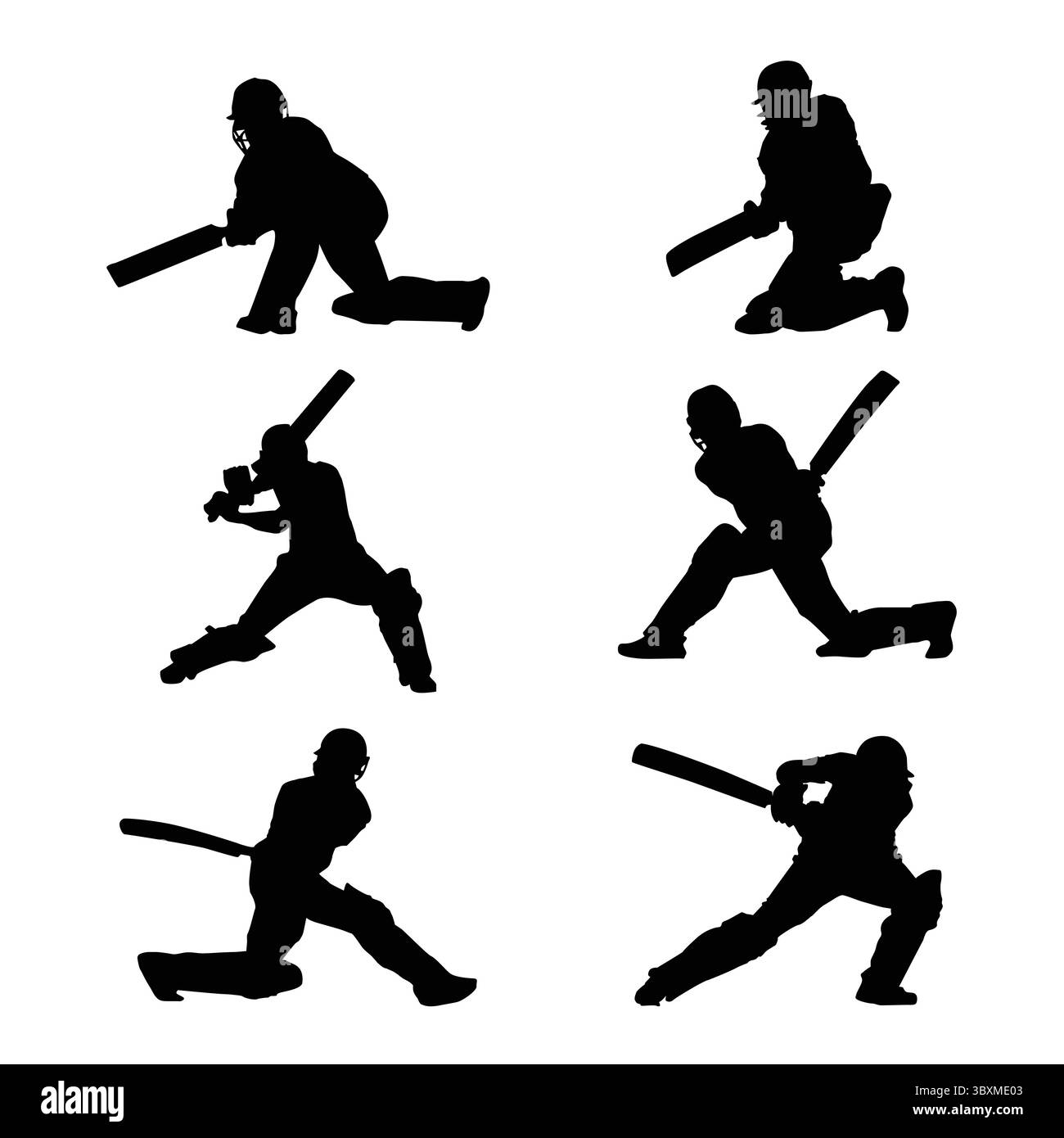 Ensemble de tir de batteur de cricket, silhouettes noires batsman formes dessin illustration vol 01 Illustration de Vecteur