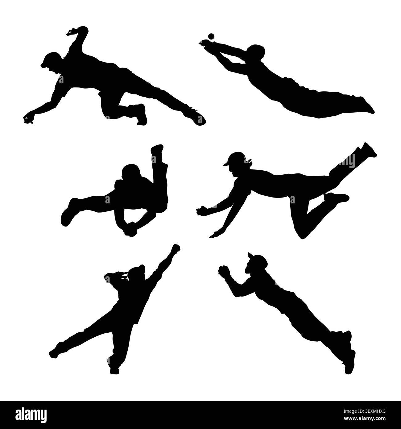 Ensemble de plongée attraper cricket Fielder Catch, gardien de guichet attrape illustration silhouette noire vol 02 Illustration de Vecteur