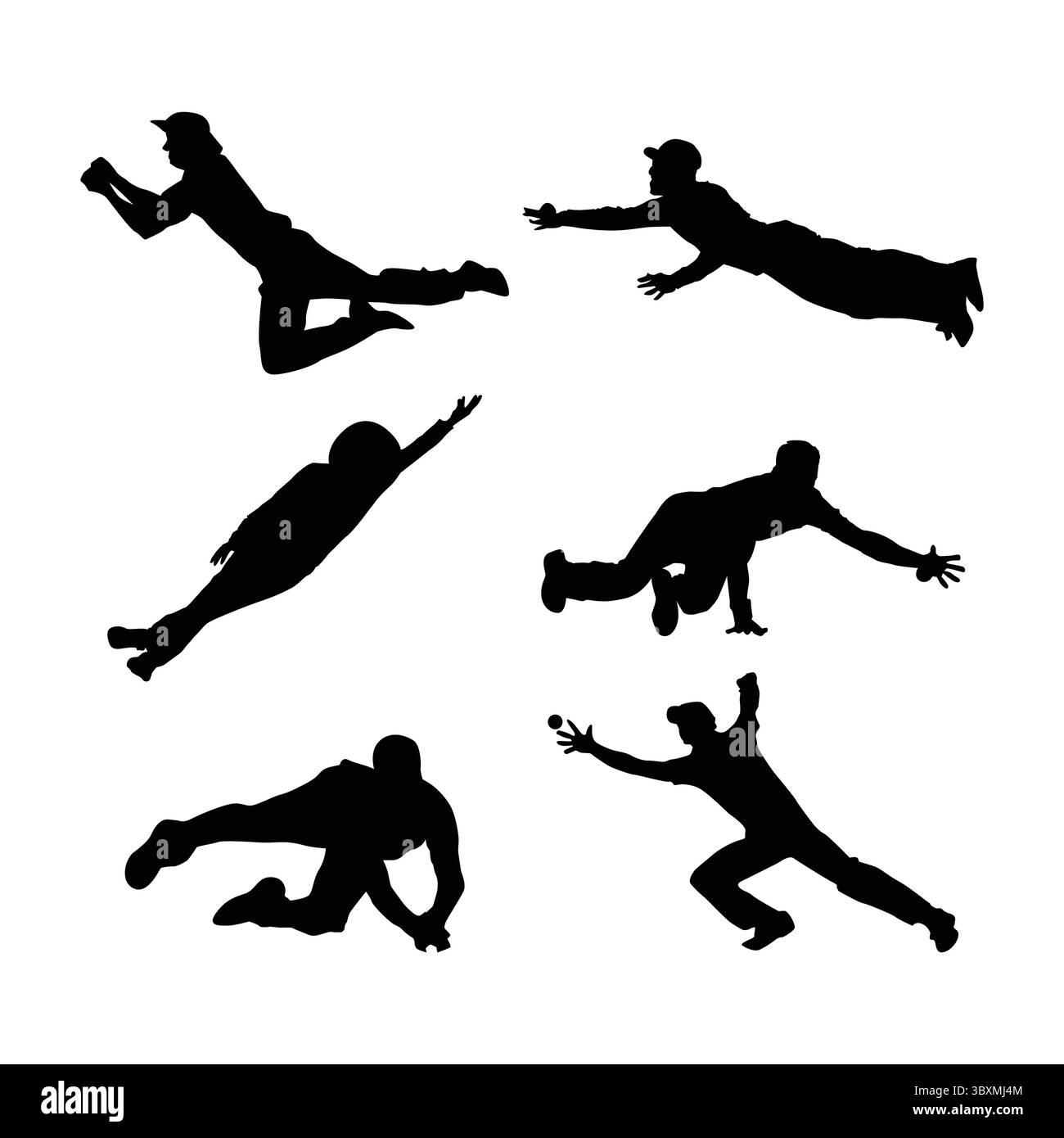 Ensemble de plongée attraper cricket Fielder Catch, gardien de guichet attrape illustration silhouette noire vol 03 Illustration de Vecteur