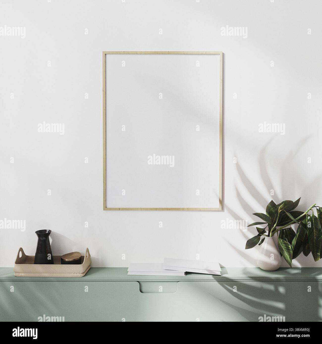 Maquette de cadre d'affiche en bois sur le mur blanc avec ombre de palmier et armoires vertes avec décoration, illustration 3D. Banque D'Images