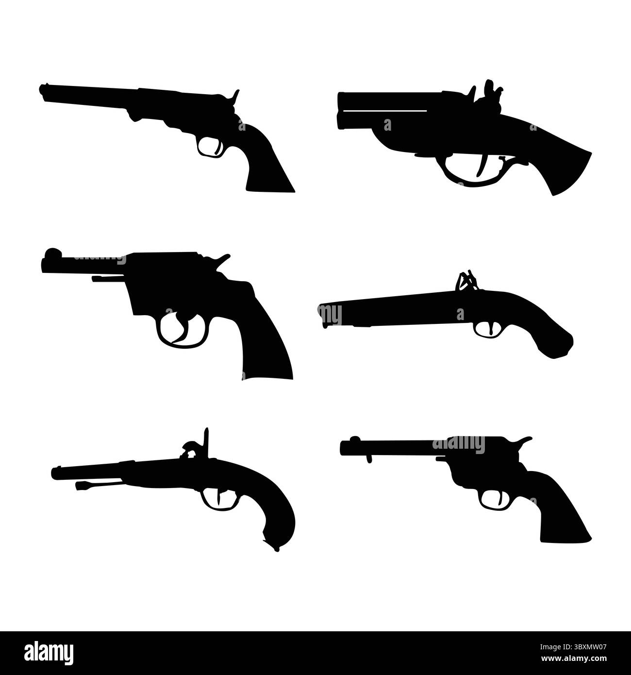 Ensemble de vieux pistolet et silhouette de pistolet forme dessinée à la main sur fond blanc vol 01 Illustration de Vecteur