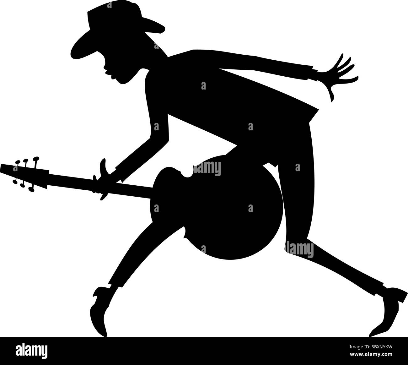 Guitariste chantant. Silhouette artistique. Guitariste joue de la guitare électrique et chante. Noir sur fond blanc Illustration de Vecteur