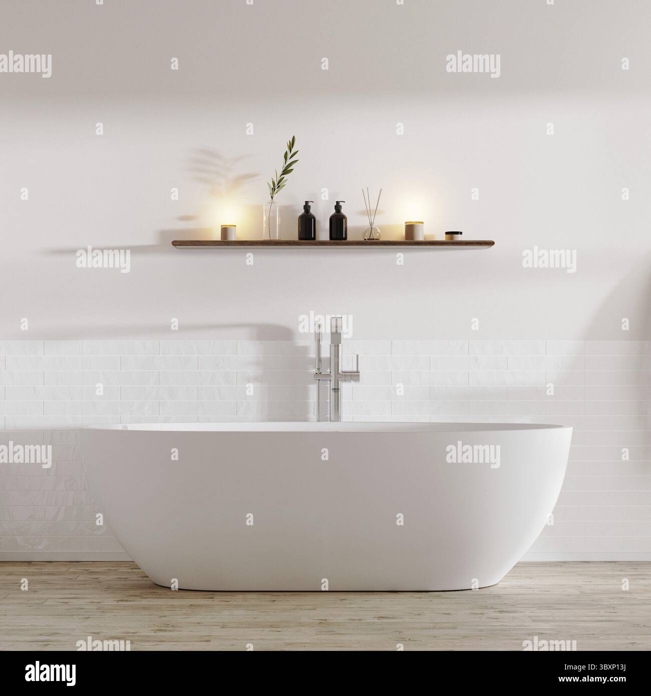 Salle de bains moderne minimaliste avec baignoire et étagère avec décoration ci-dessus, 3D rendu Banque D'Images