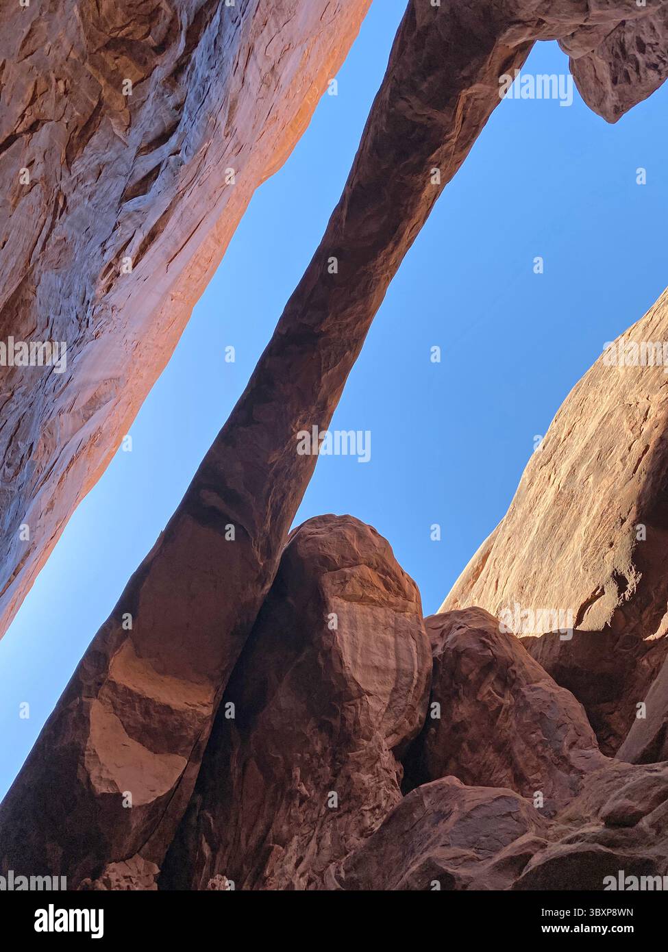 Dans un canyon de fente, sur le Fiery Furnace Trail, dans le parc national d'Arches, regardant vers le haut des formations d'arche et des parois du canyon un jour d'été avec clair, bleu - Image de stock capturée avec un smartphone