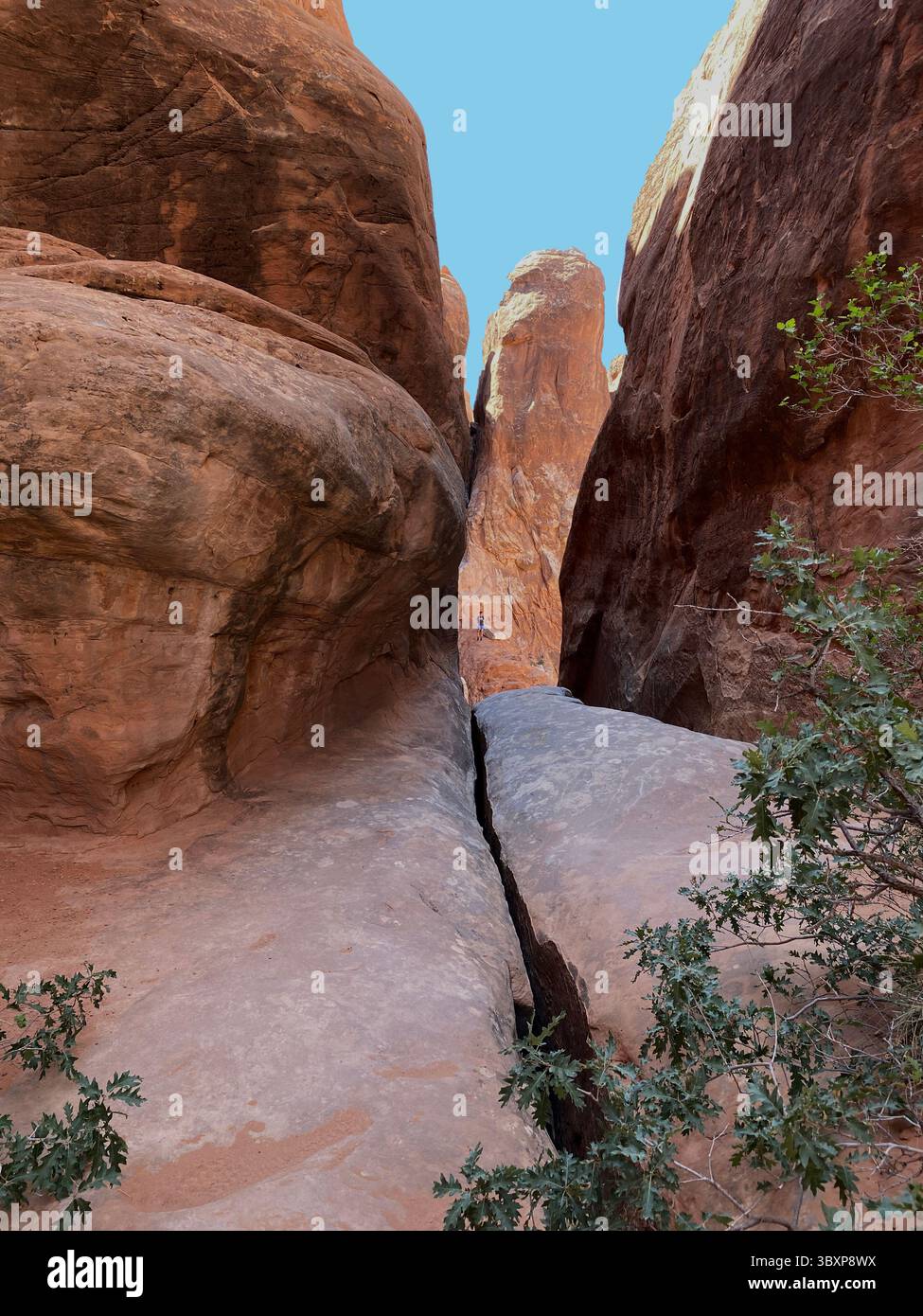 Regardant à travers un canyon de fente sur le Fiery Furnace Trail dans le parc national d'Arches, Moab, Utah, États-Unis - Image de stock capturée avec un smartphone