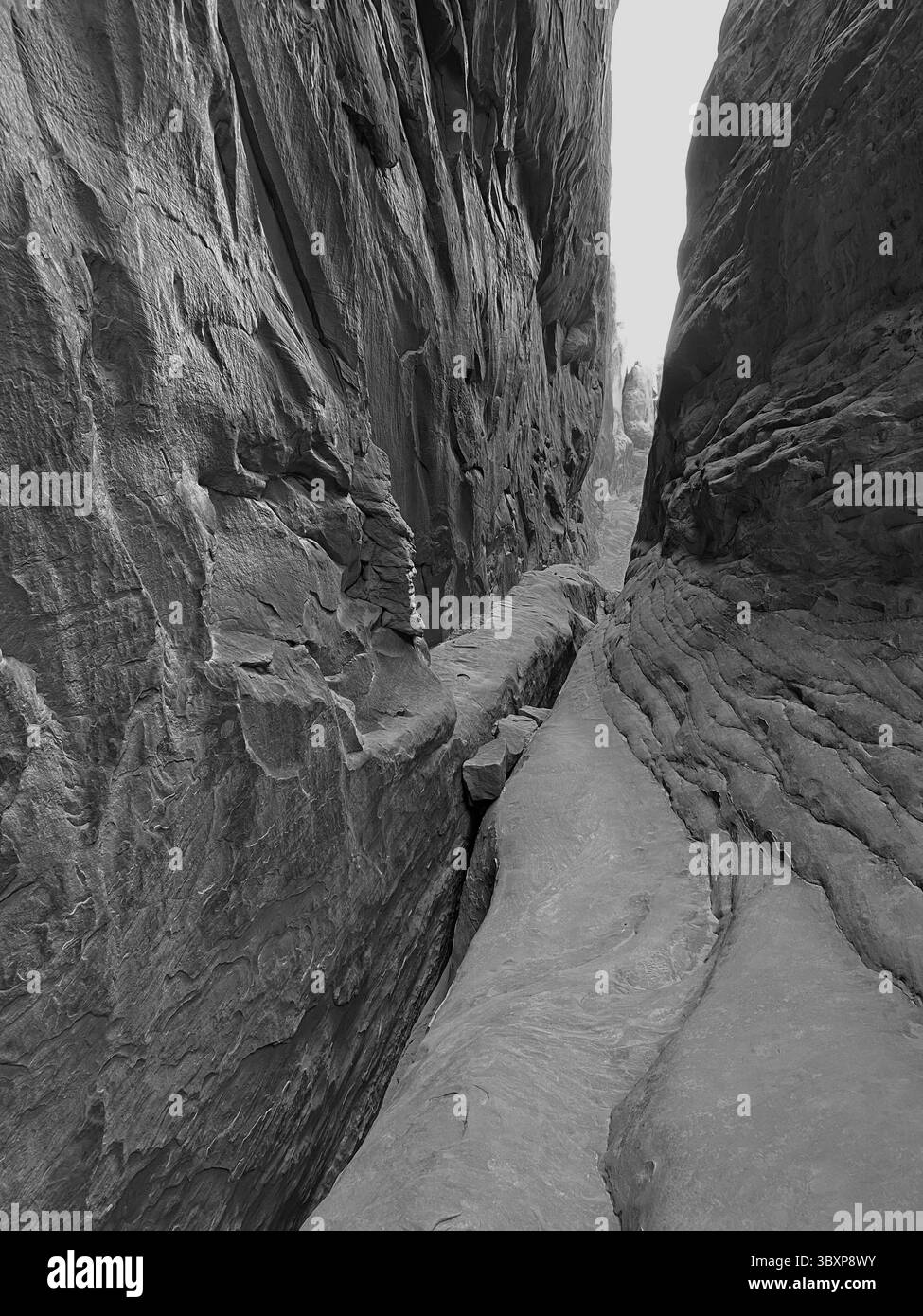 Une image en noir et blanc regardant à travers un canyon sur le Fiery Furnace Trail dans le parc national des Arches, Moab, Utah, États-Unis Banque D'Images