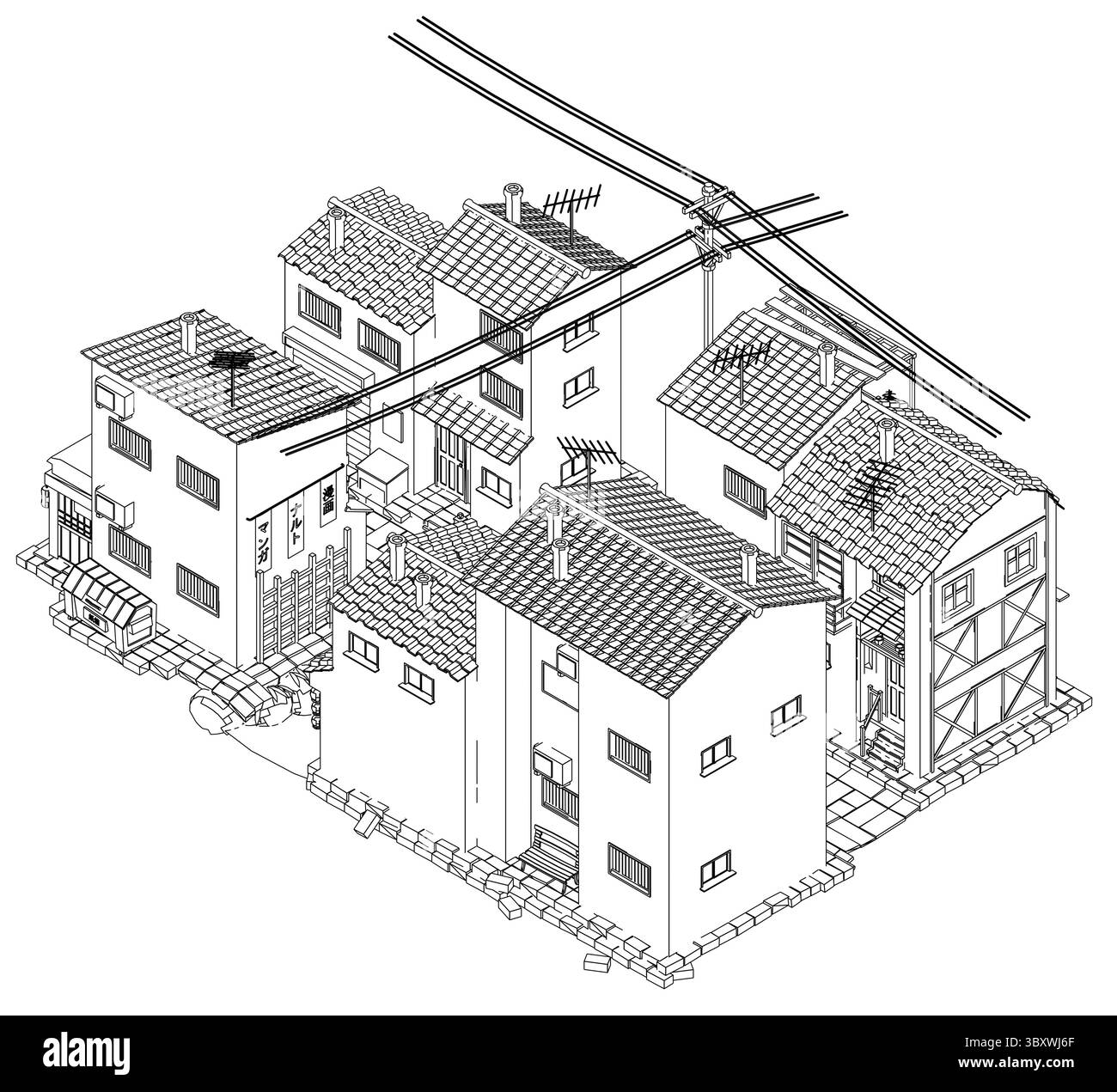 Un dessin d'une ville avec une croix suspendue au-dessus. Les maisons sont toutes de tailles et de styles différents, et il y a plusieurs fenêtres sur chaque bâtiment. Scène Illustration de Vecteur
