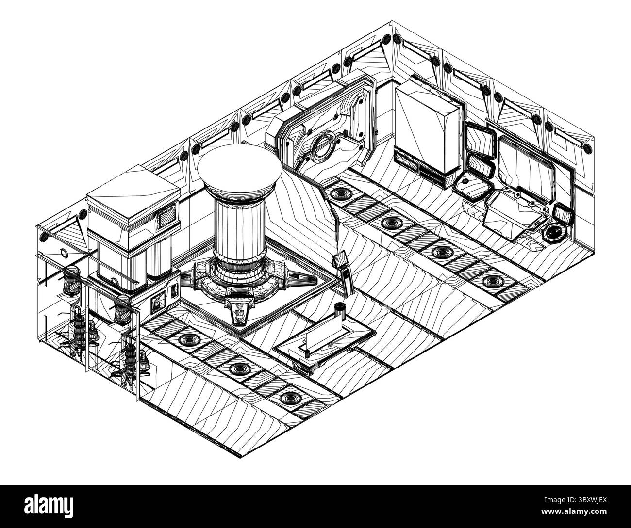 Laboratoire de science-fiction futuriste avec une architecture élégante et angulaire et un équipement technologique avancé. La conception comporte des panneaux lumineux, des surfaces métalliques, un Illustration de Vecteur
