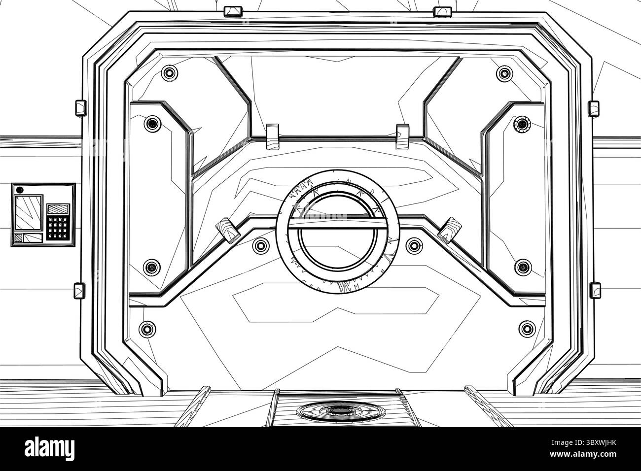 Laboratoire de science-fiction futuriste avec des surfaces métalliques élégantes, des panneaux, des machines avancées. Le design présente des contours géométriques, des interfaces numériques et un centime Illustration de Vecteur