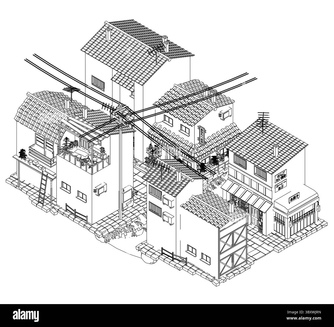 Un dessin d'un quartier avec des maisons et une grange. Les maisons sont toutes de tailles différentes et ont des toits différents. Vue isométrique. 3D. Illustration de Vecteur