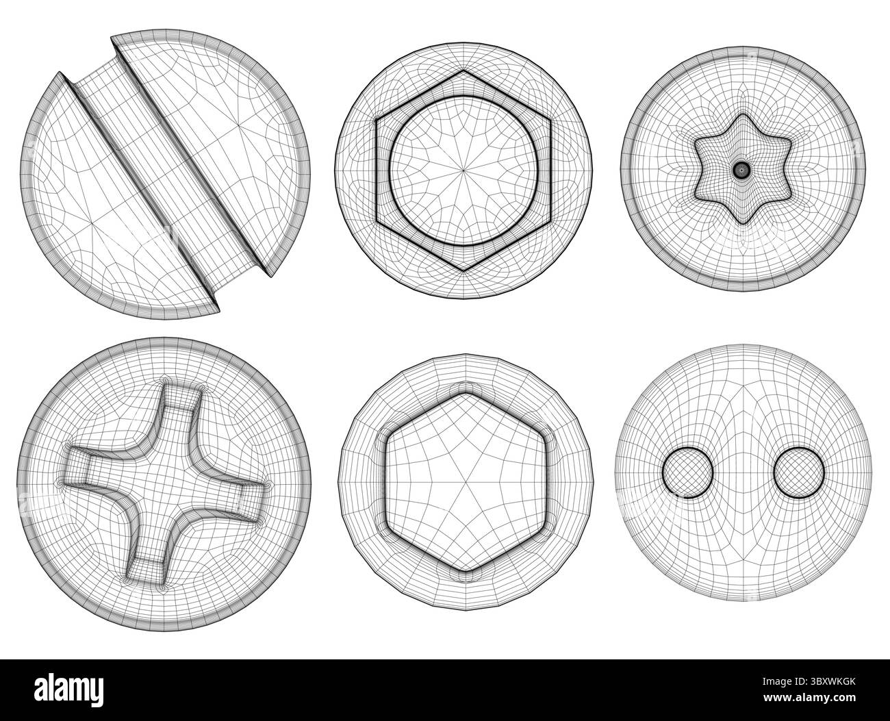 Un jeu de six têtes de vis différentes, y compris une étoile, est représenté dans un dessin noir et blanc Illustration de Vecteur