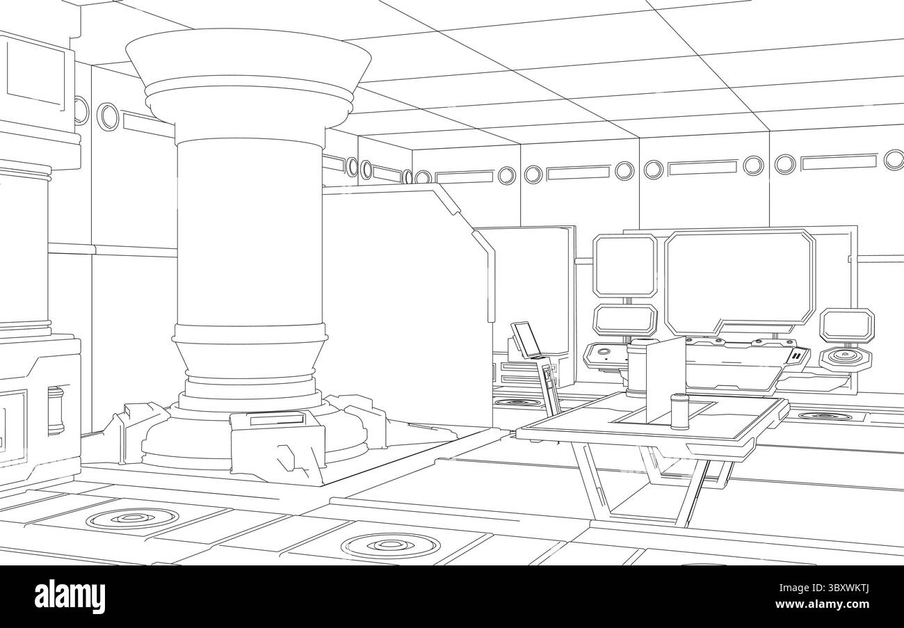 Laboratoire de science-fiction futuriste avec contours angulaires, surfaces métalliques et composants technologiques avancés. La conception mélange la structure industrielle avec des interfaces, Illustration de Vecteur
