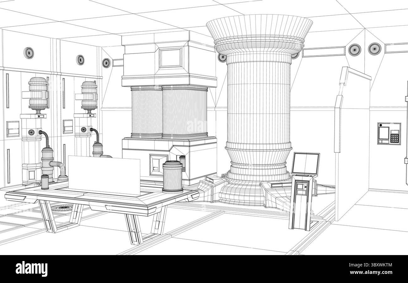 Un dessin technique détaillé d'une machine industrielle complexe, avec des composants mécaniques complexes, des panneaux de commande et divers modules fonctionnels Illustration de Vecteur