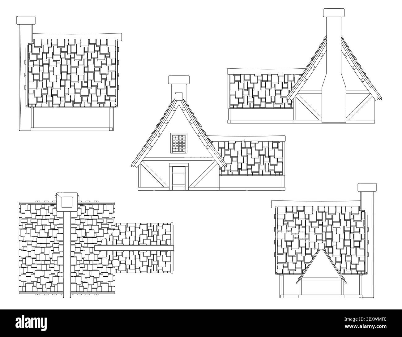 L'image est une série de dessins d'une maison avec un toit en pierre. Les dessins sont tous en noir et blanc et montrent différents angles de la maison. Scène Illustration de Vecteur