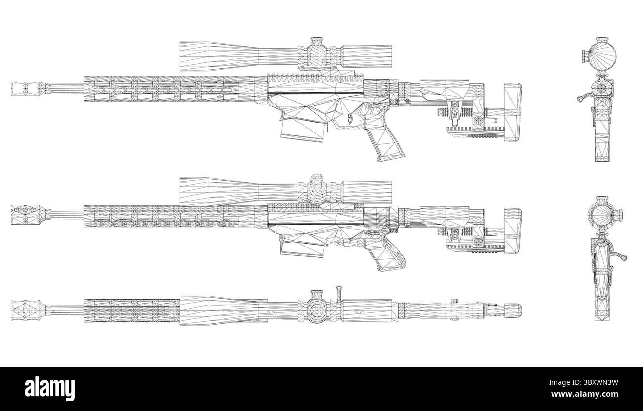Les fusils de sniper sont représentés dans un dessin noir et blanc. Les canons sont tous de tailles différentes et sont tous alignés les uns à côté des autres. Le dessin est d'un millier Illustration de Vecteur