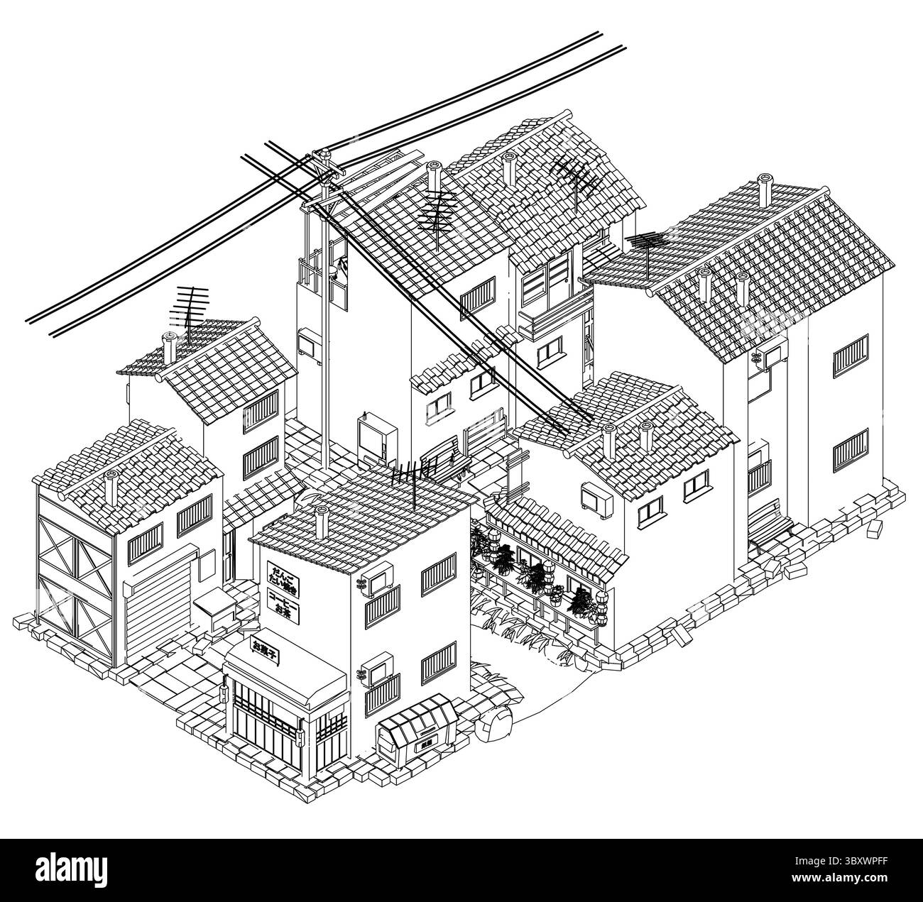 Un dessin d'un quartier avec des maisons et un garage. Les maisons sont toutes de tailles différentes et ont différents styles de toit. Le garage est situé dans le Illustration de Vecteur