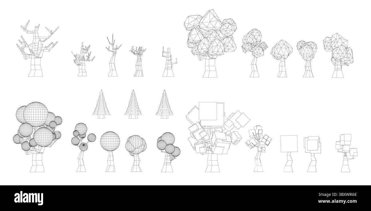 Une série de dessins d'arbres. Les arbres sont tous de tailles et de formes différentes, et les gens sont dispersés dans les dessins. La scène est ludique an Illustration de Vecteur