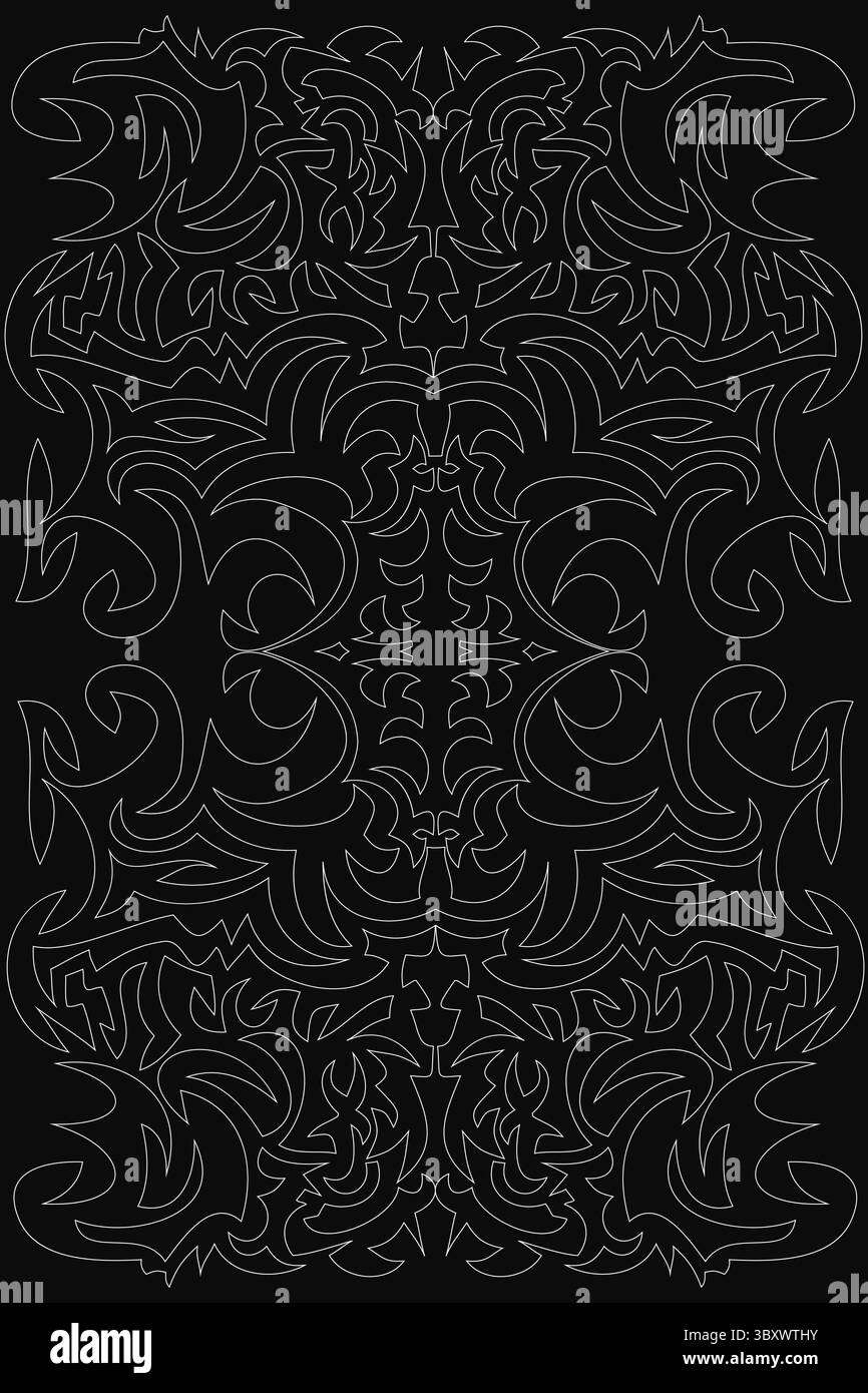 Image en noir et blanc d'un motif à motifs. Le design est complexe et détaillé, avec de nombreuses formes et lignes différentes. Scène est une d'élégance an Illustration de Vecteur