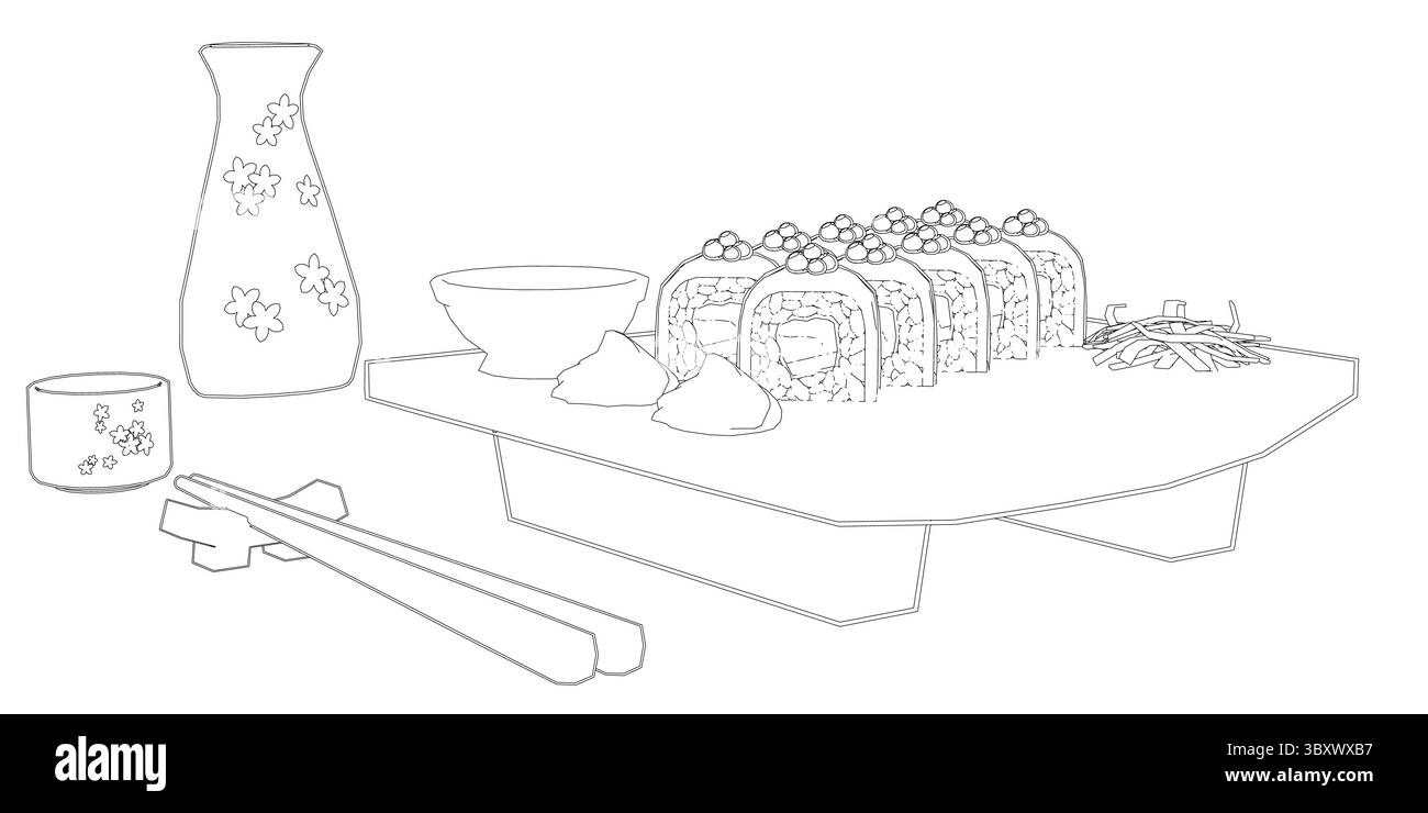 Une assiette de nourriture avec des baguettes et un petit bol de sauce. L'assiette est sur une table avec un vase en arrière-plan Illustration de Vecteur