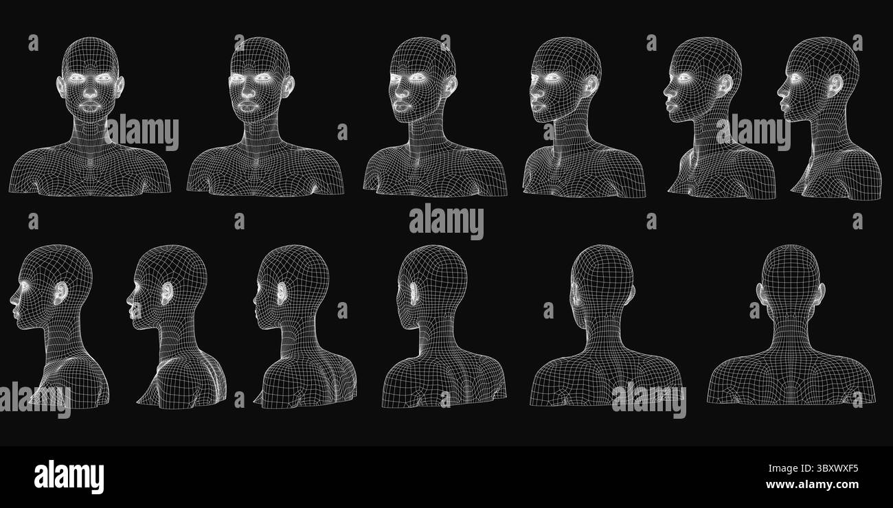 Une série de visages sont montrés dans une photo en noir et blanc. Les faces sont pixélisées et semblent être générées par ordinateur. La scène est quelque peu étrange et indéfinie Illustration de Vecteur