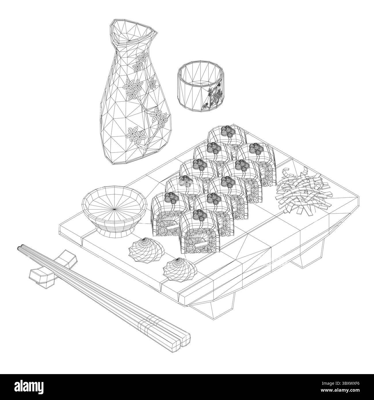 Une assiette de sushi avec des baguettes et une bouteille de sauce soja. Concept de culture japonaise et importance de partager la nourriture avec les autres Illustration de Vecteur