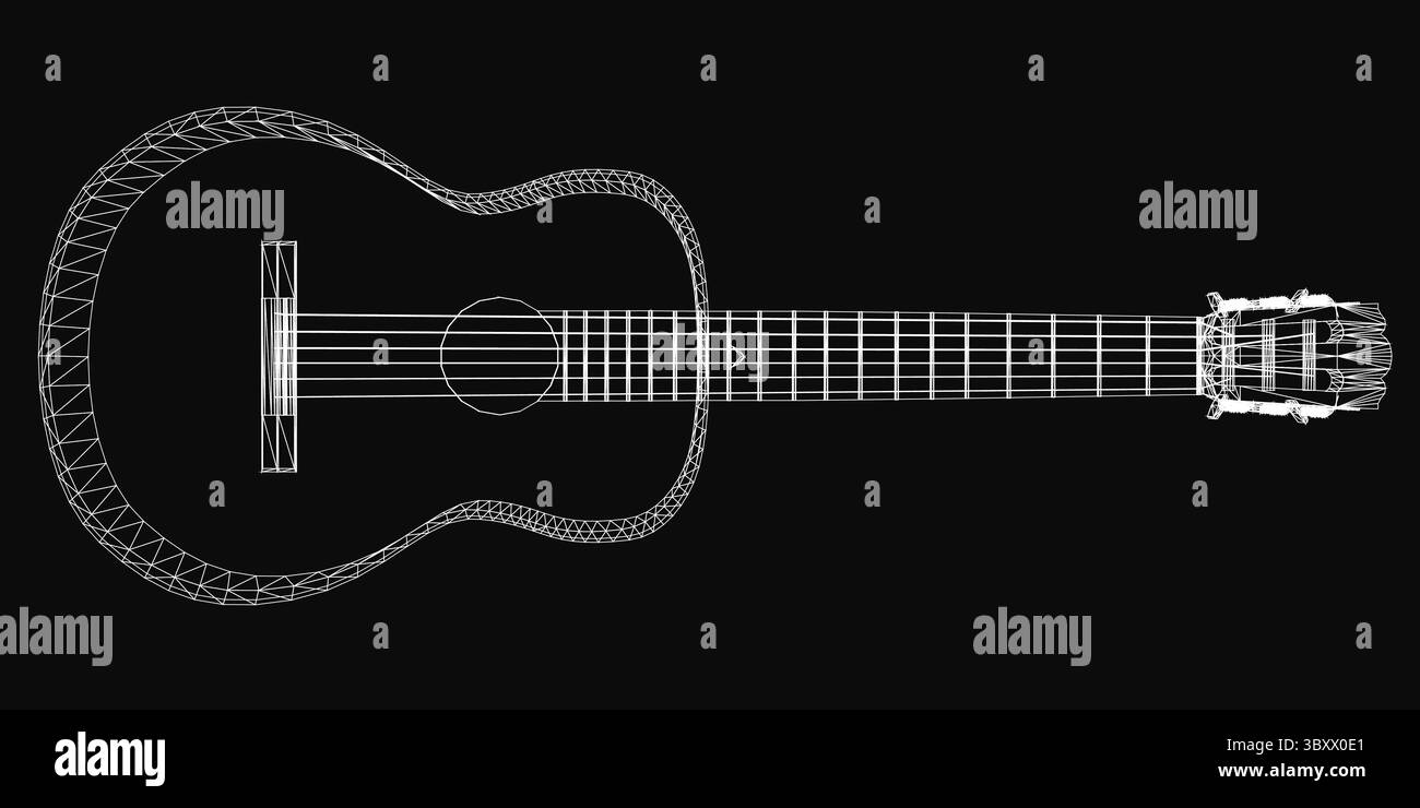Guitare acoustique en noir et blanc, un modèle 3D détaillé avec touche visible, cordes et chevilles d'accord, placé sur un fond sombre. Le complexe Illustration de Vecteur