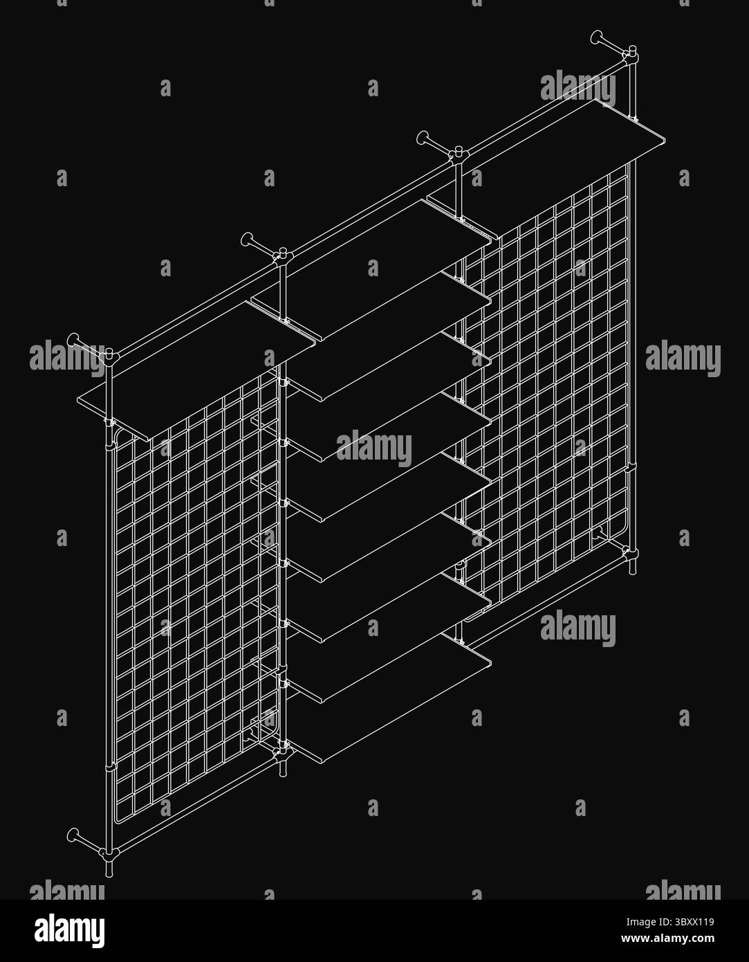 Un mur en treillis métallique noir et blanc avec un motif de grille dispose d'une étagère robuste attachée au sommet. Le rayonnage de style industriel est idéal pour stor de magasin Illustration de Vecteur