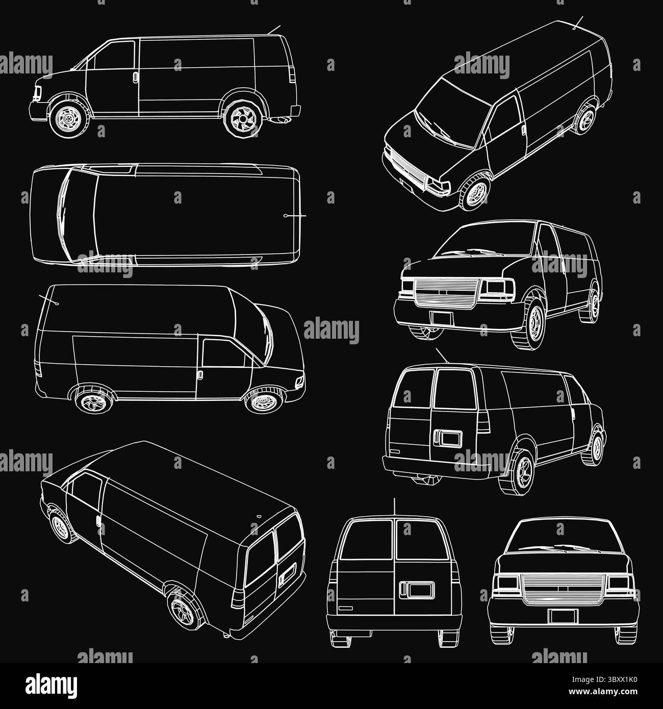 Une série de dessins en noir et blanc de différents types de fourgonnettes. Les dessins sont tous dans le même style et sont tous alignés les uns à côté des autres. Scène Illustration de Vecteur