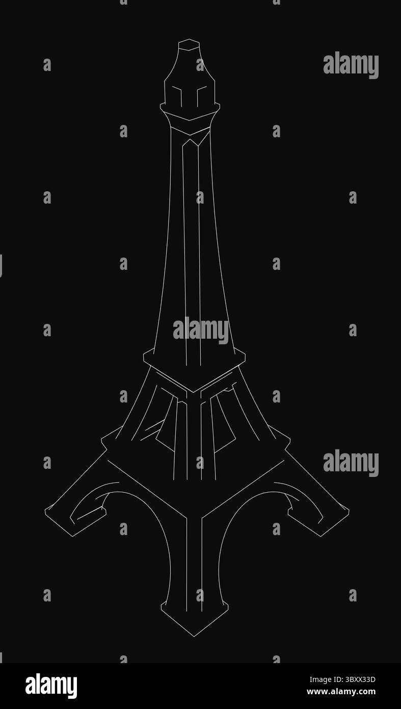 Mini Tour Eiffel esquissée en noir et blanc, debout audacieusement sur un fond sombre aux lignes épurées et à l'élégance simple. L'emblématique lan parisien Illustration de Vecteur